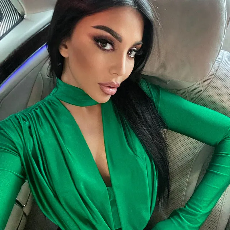 Elegant Draped V-Neck Long Sleeve Bodysuit with High-Cut Silhouette