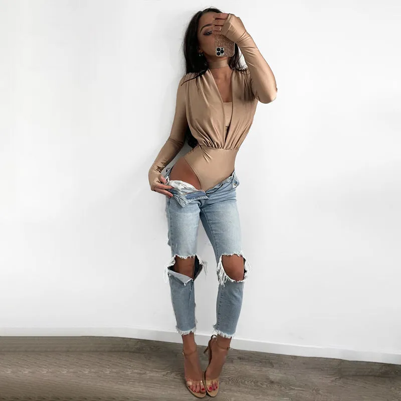 Elegant Draped V-Neck Long Sleeve Bodysuit with High-Cut Silhouette