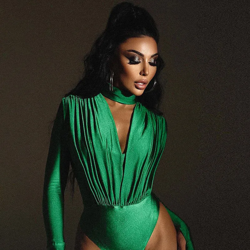 Elegant Draped V-Neck Long Sleeve Bodysuit with High-Cut Silhouette