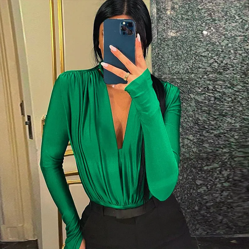 Elegant Draped V-Neck Long Sleeve Bodysuit with High-Cut Silhouette