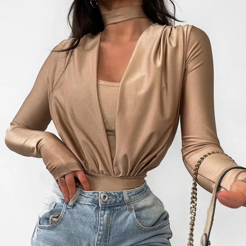 Elegant Draped V-Neck Long Sleeve Bodysuit with High-Cut Silhouette