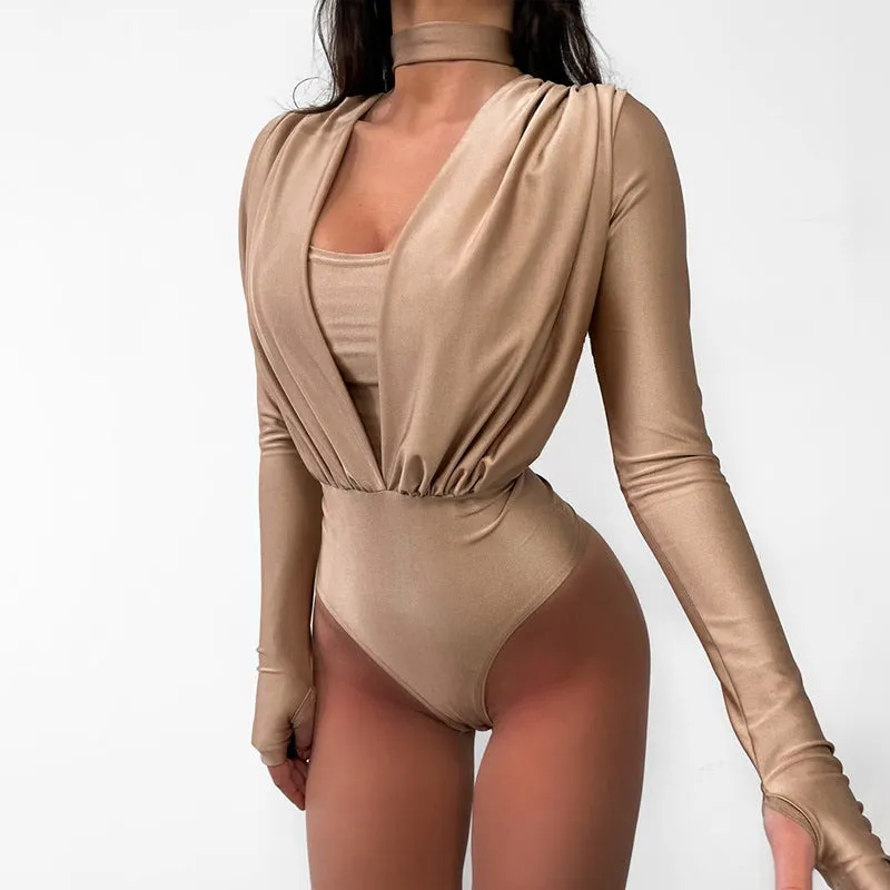 Elegant Draped V-Neck Long Sleeve Bodysuit with High-Cut Silhouette