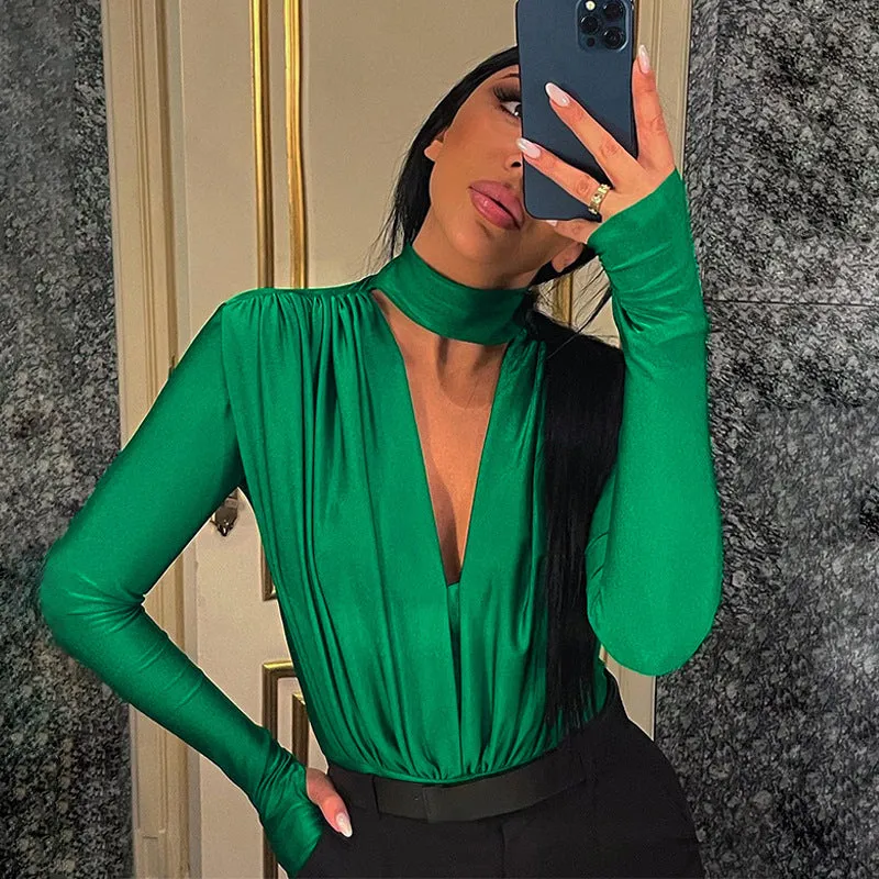Elegant Draped V-Neck Long Sleeve Bodysuit with High-Cut Silhouette