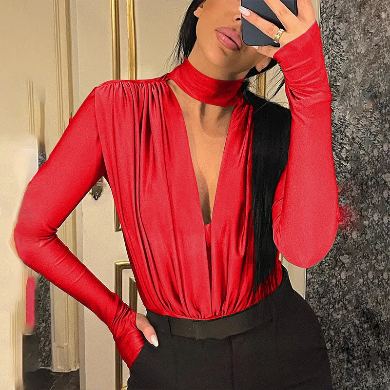 Elegant Draped V-Neck Long Sleeve Bodysuit with High-Cut Silhouette