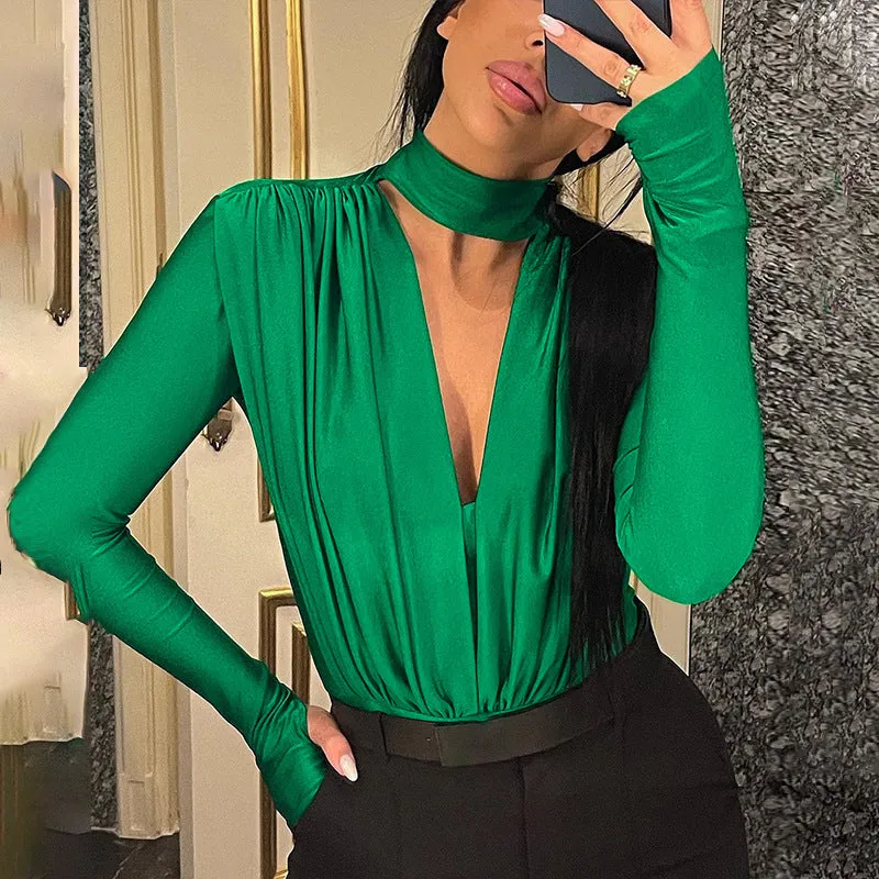 Elegant Draped V-Neck Long Sleeve Bodysuit with High-Cut Silhouette