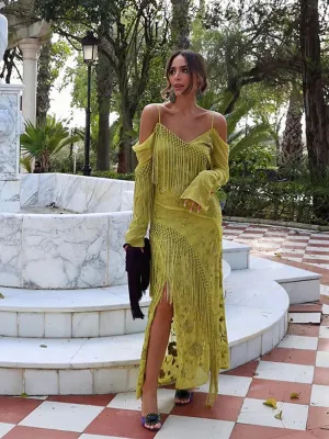 Elegant Green Tassel Irregular Print Dress Women's V-Neck Long Sleeve Spaghetti String Boutique Fashion Dress