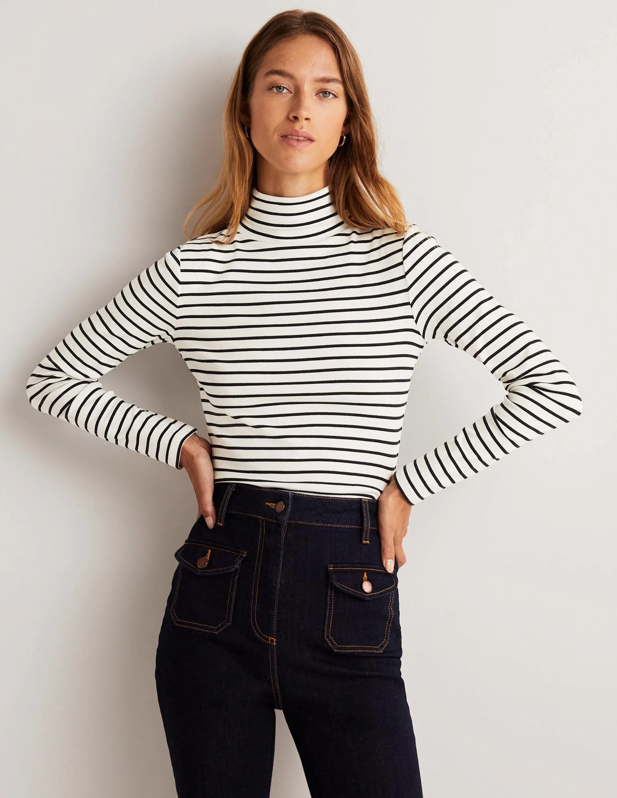 Essential Roll-neck Top-Ivory / Navy Stripe