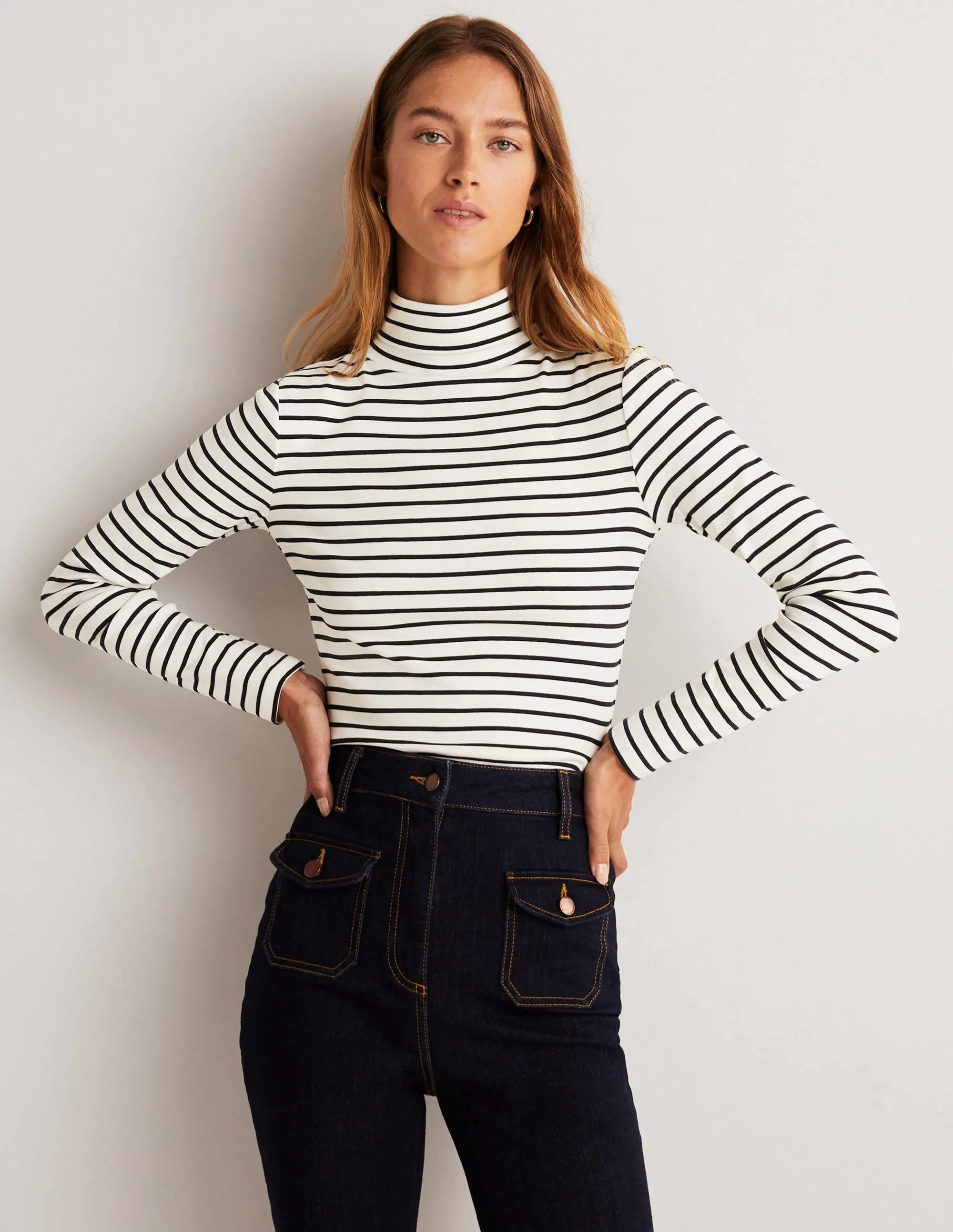 Essential Roll-neck Top-Ivory / Navy Stripe