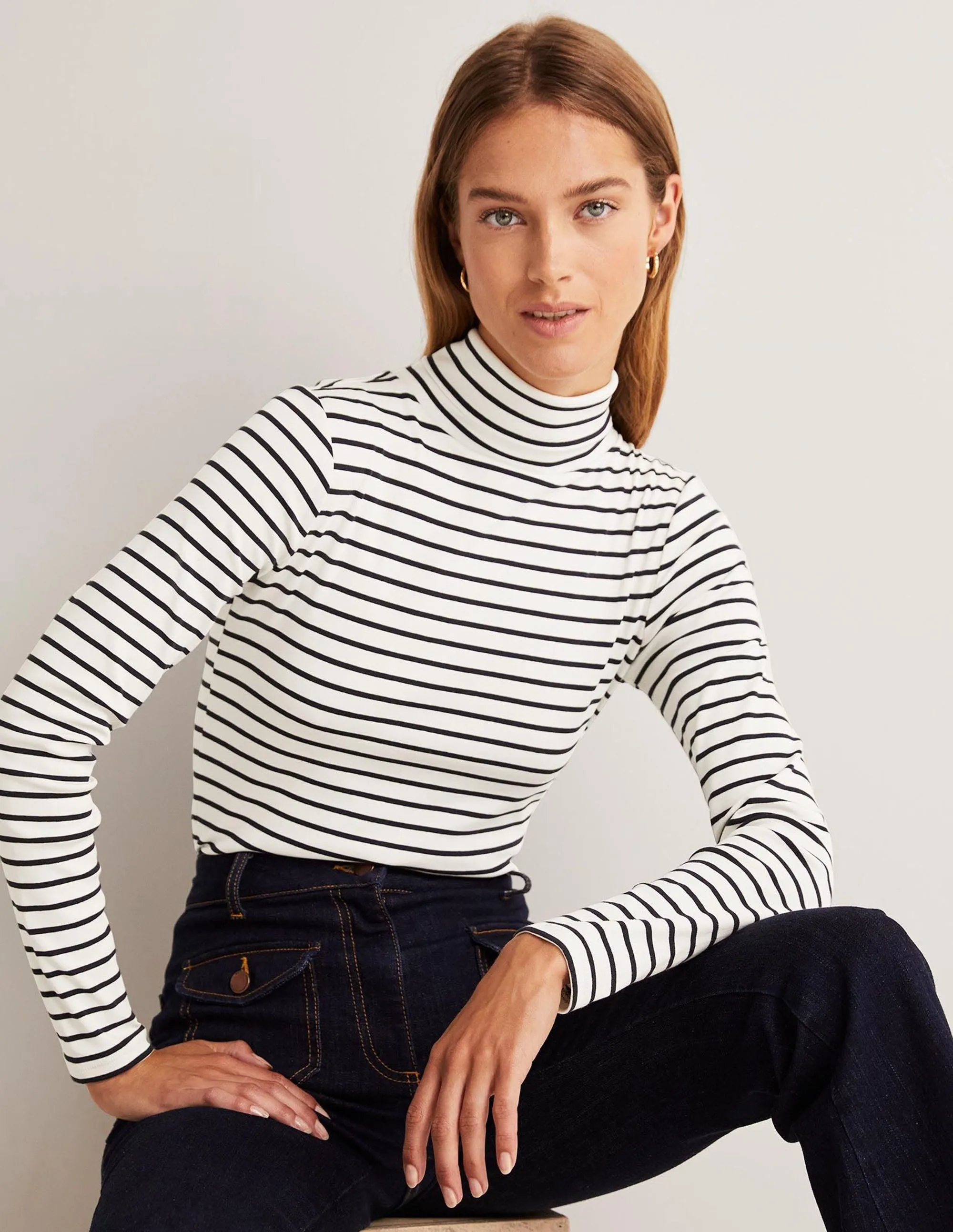 Essential Roll-neck Top-Ivory / Navy Stripe