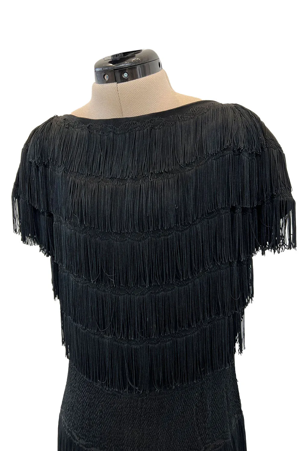 Extraordinary 1930s Black Silk Sheath Dress w Head to Toe Rows of Black Fringe