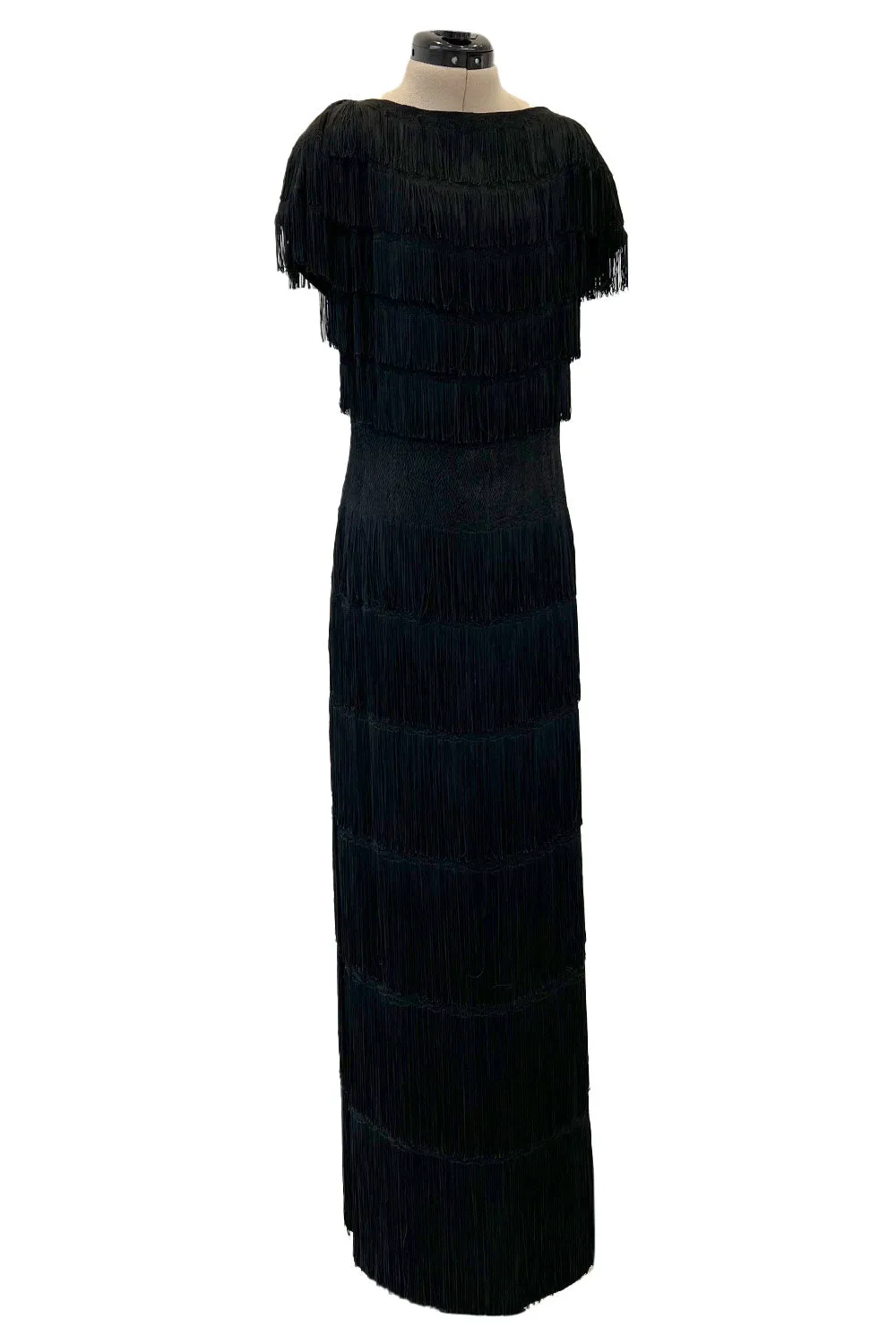 Extraordinary 1930s Black Silk Sheath Dress w Head to Toe Rows of Black Fringe