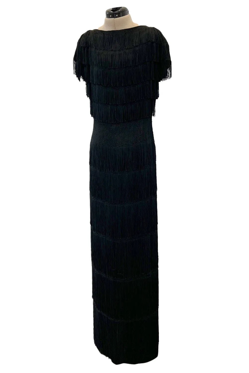 Extraordinary 1930s Black Silk Sheath Dress w Head to Toe Rows of Black Fringe