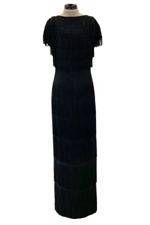 Extraordinary 1930s Black Silk Sheath Dress w Head to Toe Rows of Black Fringe