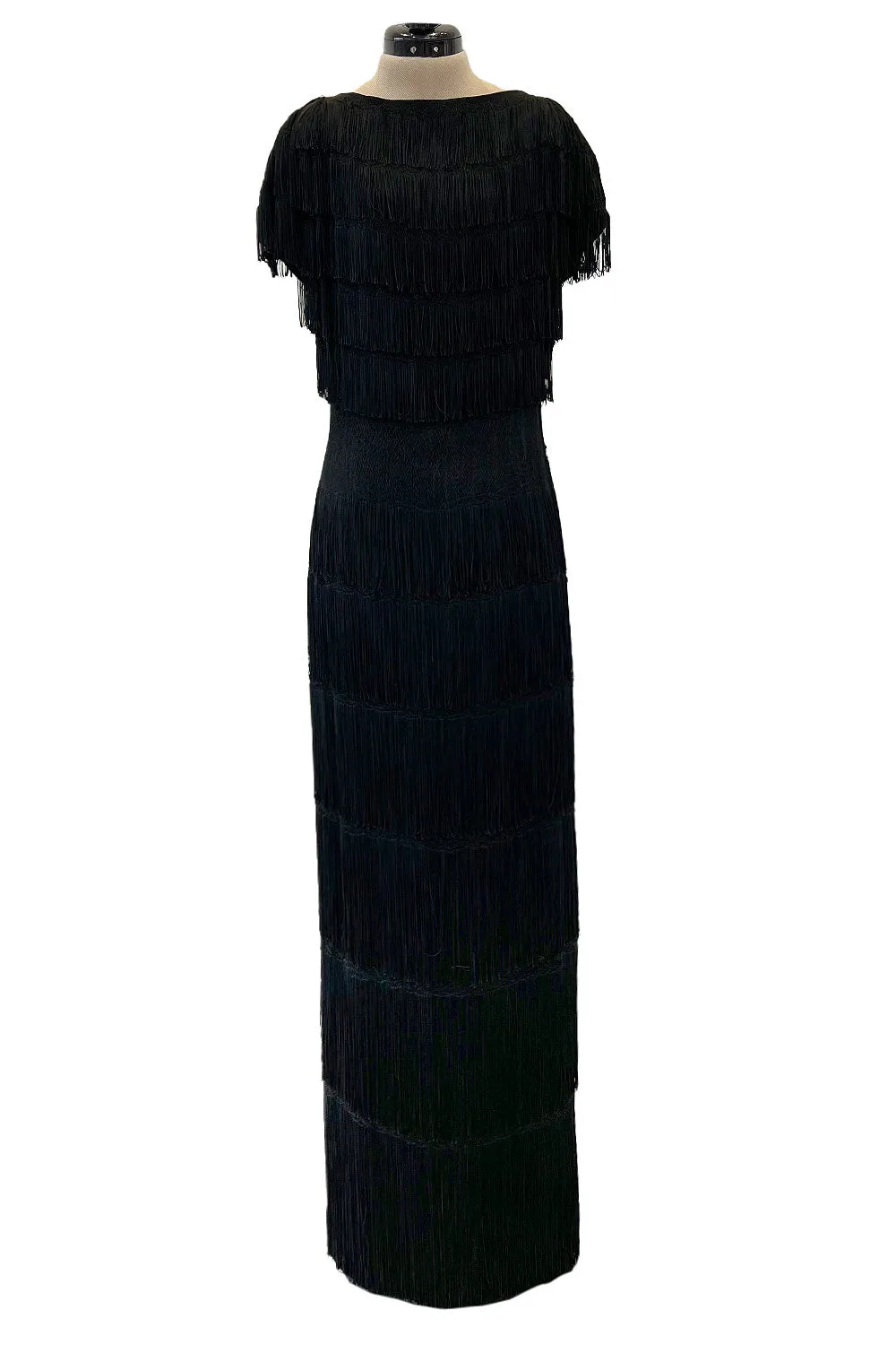 Extraordinary 1930s Black Silk Sheath Dress w Head to Toe Rows of Black Fringe