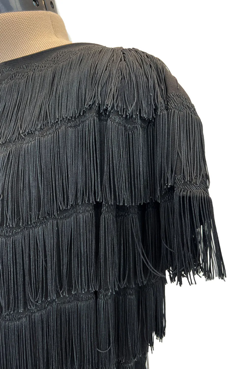 Extraordinary 1930s Black Silk Sheath Dress w Head to Toe Rows of Black Fringe