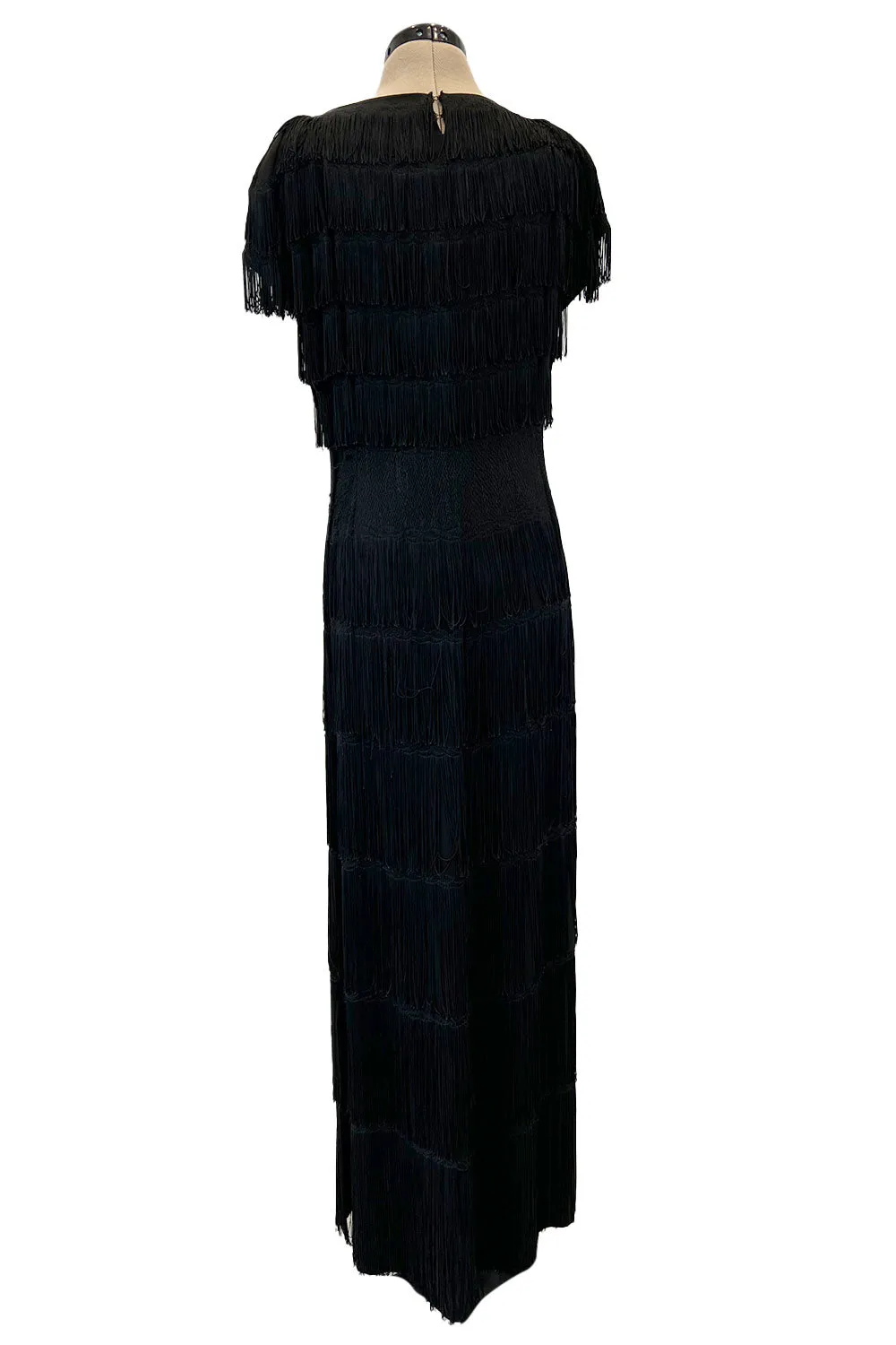 Extraordinary 1930s Black Silk Sheath Dress w Head to Toe Rows of Black Fringe