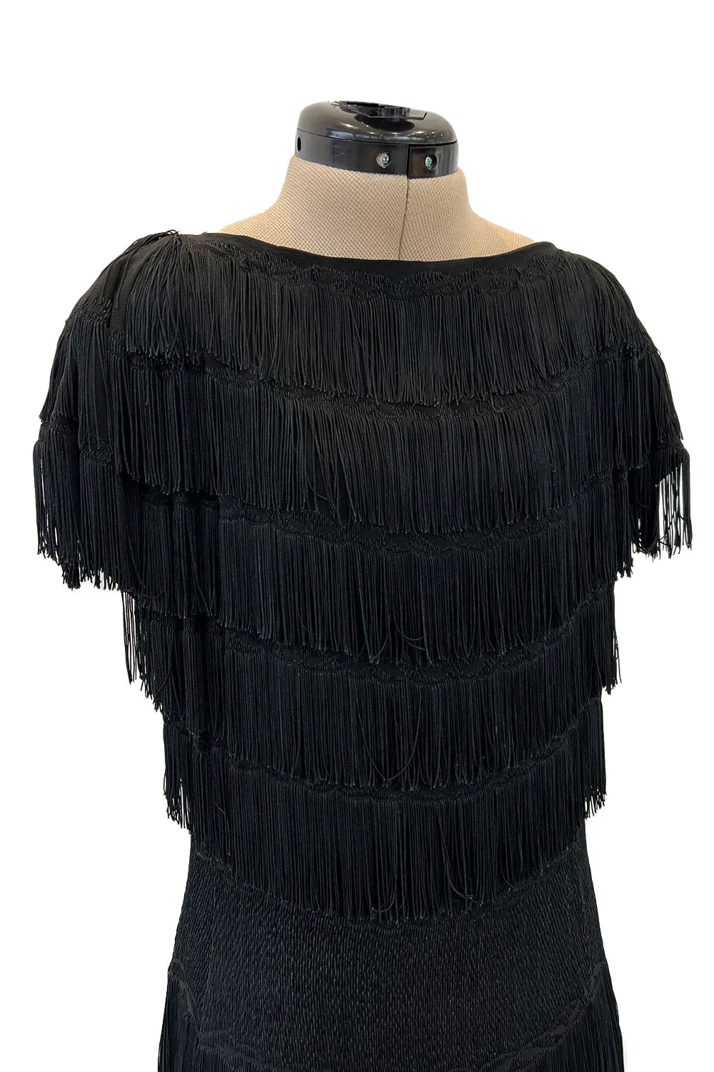 Extraordinary 1930s Black Silk Sheath Dress w Head to Toe Rows of Black Fringe