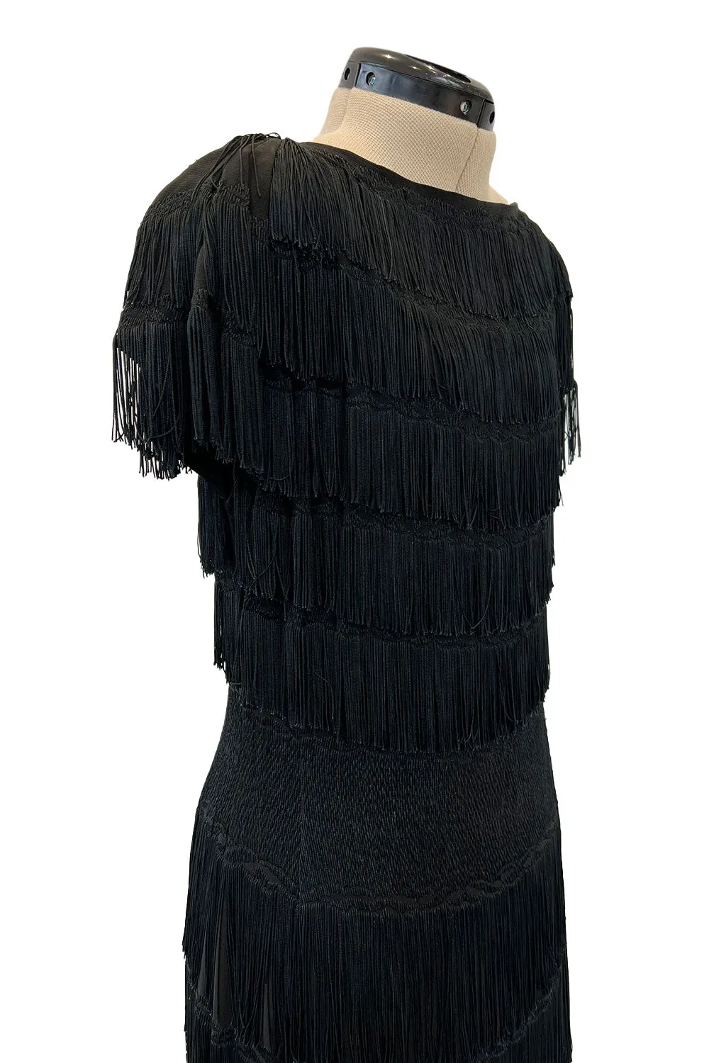 Extraordinary 1930s Black Silk Sheath Dress w Head to Toe Rows of Black Fringe