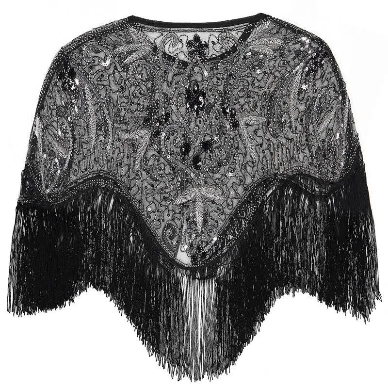 Flapper Shawl, 1920s Gatsby Vintage Retro Shawl Beaded Sequins Short Tops Party Evening Scarf Bridal Wraps Bolero Flapper Cape Cover Up