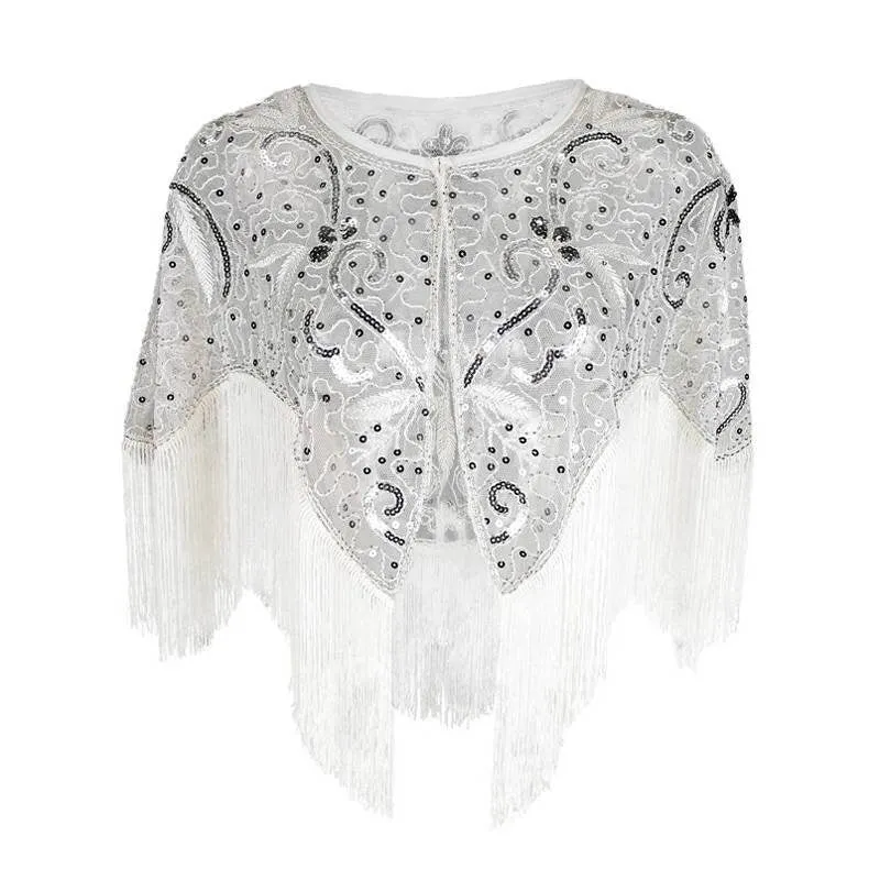 Flapper Shawl, 1920s Gatsby Vintage Retro Shawl Beaded Sequins Short Tops Party Evening Scarf Bridal Wraps Bolero Flapper Cape Cover Up