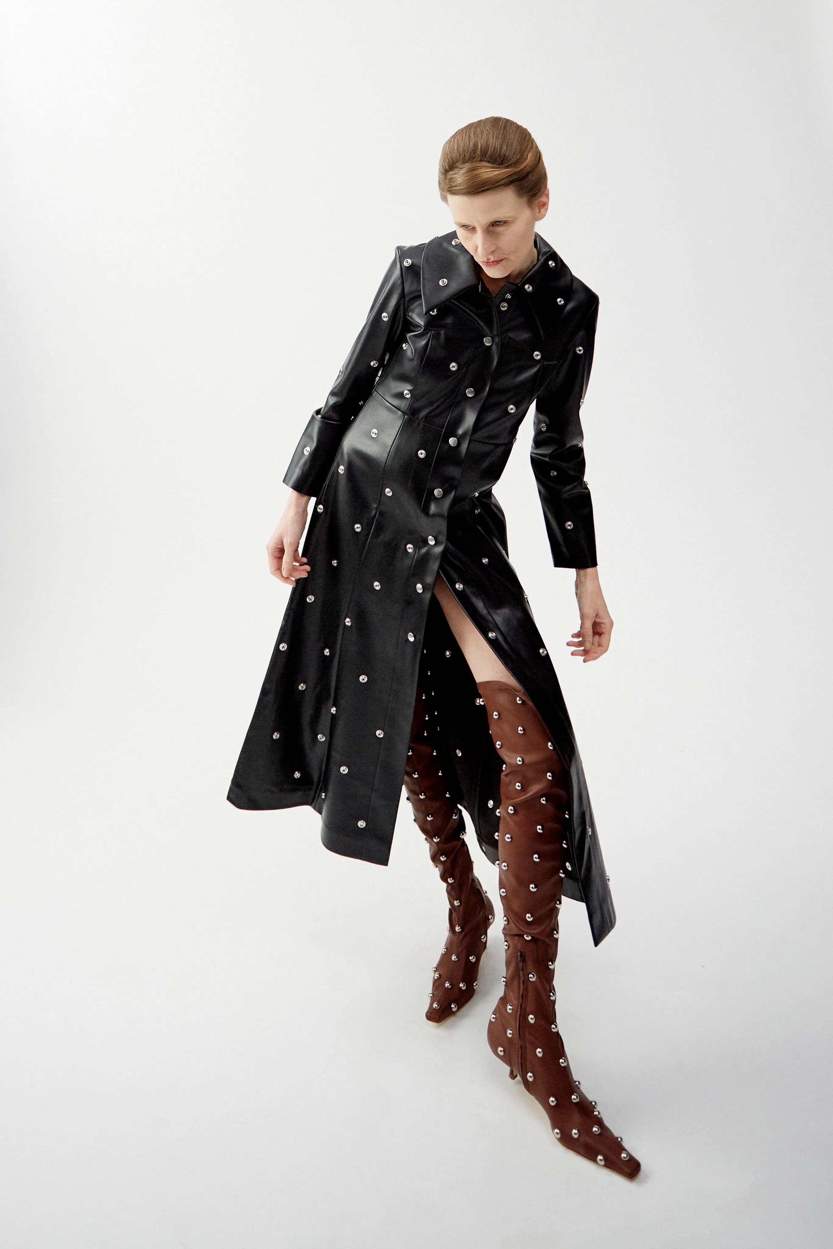 Flared Fitted Coat Covered In Studs Black