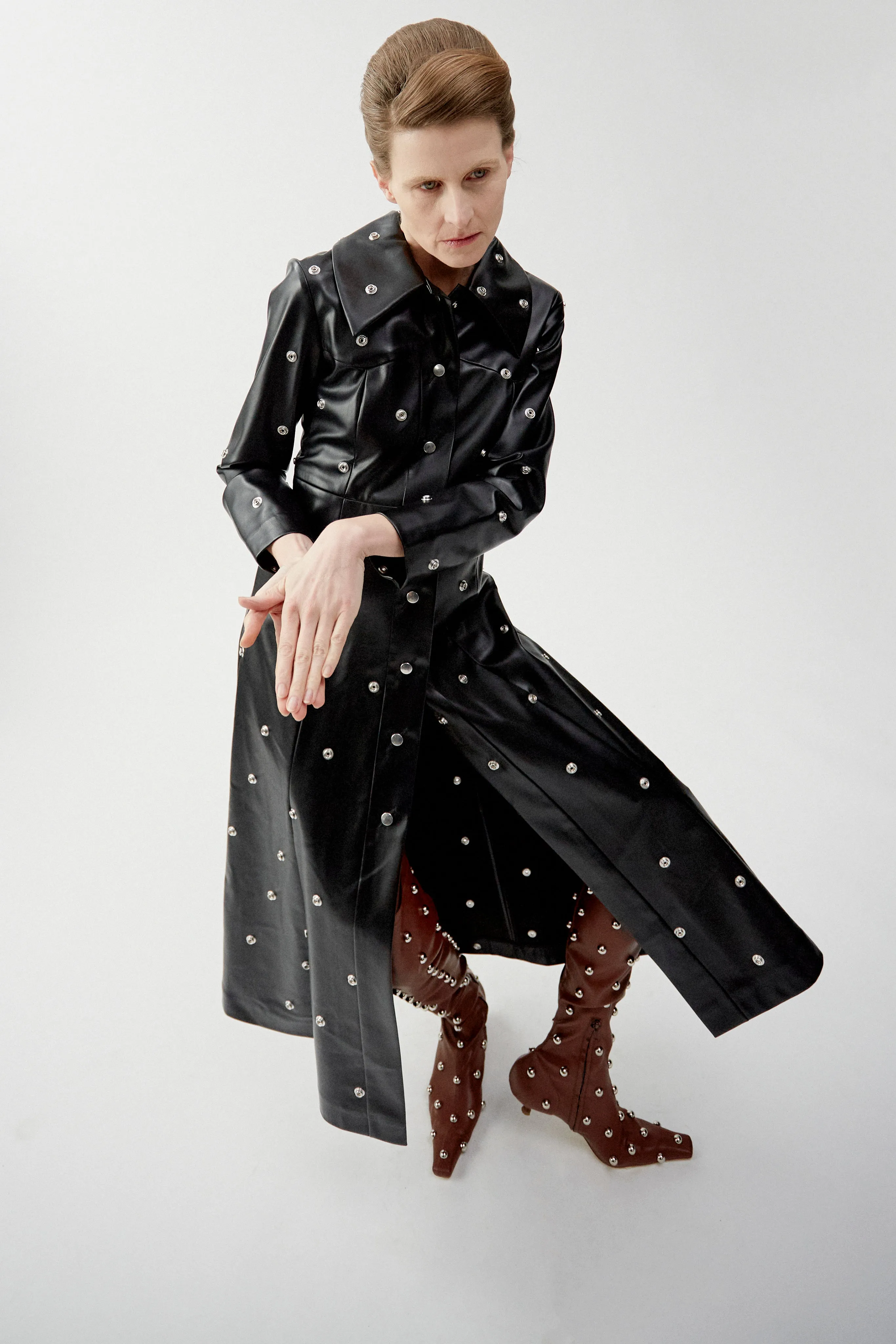 Flared Fitted Coat Covered In Studs Black