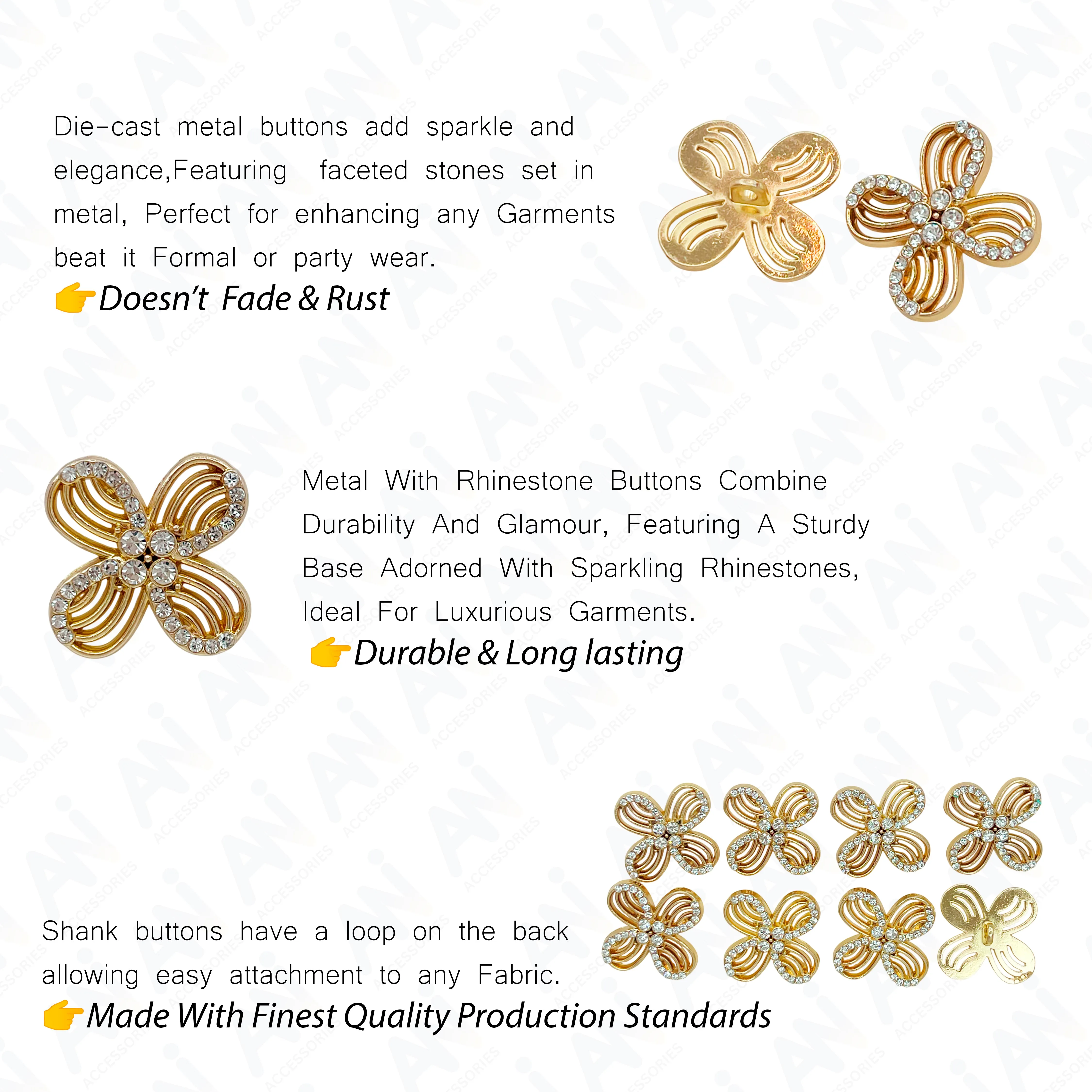 Floral Rhinestone Metal Buttons