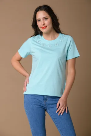 Flower Embellished Tee - Mint