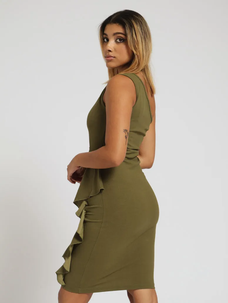 Frill Detail Asymmetrical Bodycon Dress - Olive