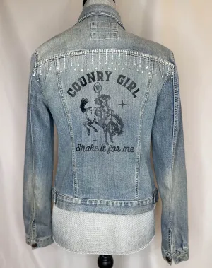 Full crystal fringe "Country girl shake it for me"  Womens Denim Jacket