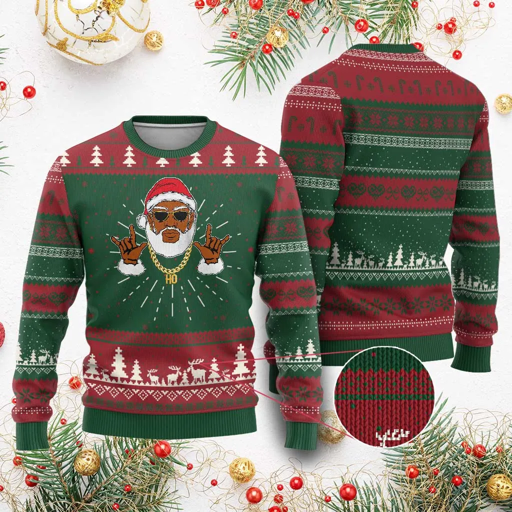 Funny Santa Ugly Christmas Sweater Black Hip Hop Santa African American Santa Rapper Fan TS10