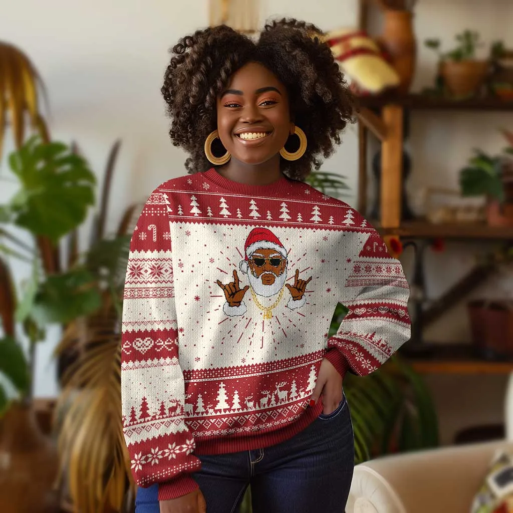 Funny Santa Ugly Christmas Sweater Black Hip Hop Santa African American Santa Rapper Fan TS10