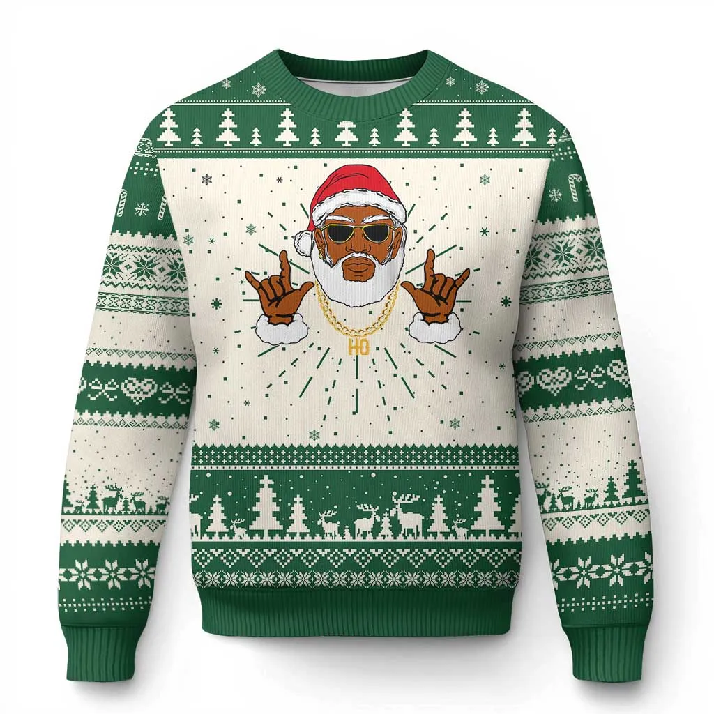 Funny Santa Ugly Christmas Sweater Black Hip Hop Santa African American Santa Rapper Fan TS10
