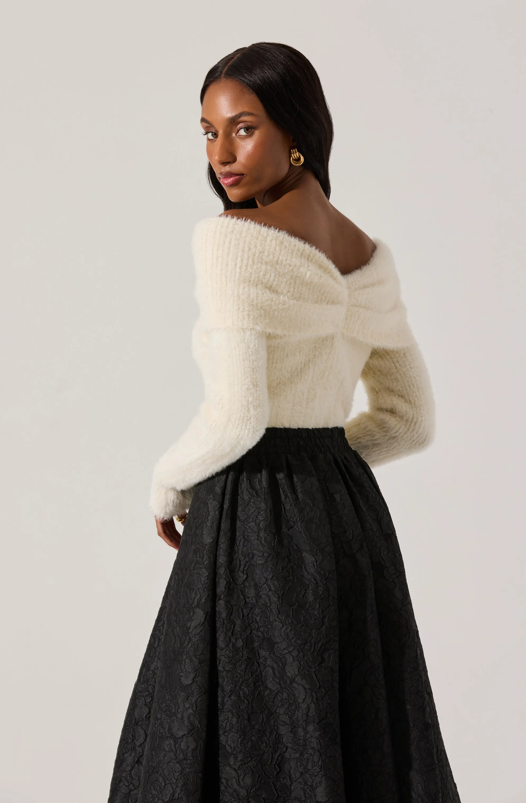 Fuzzy Knit Off Shoulder Sweater