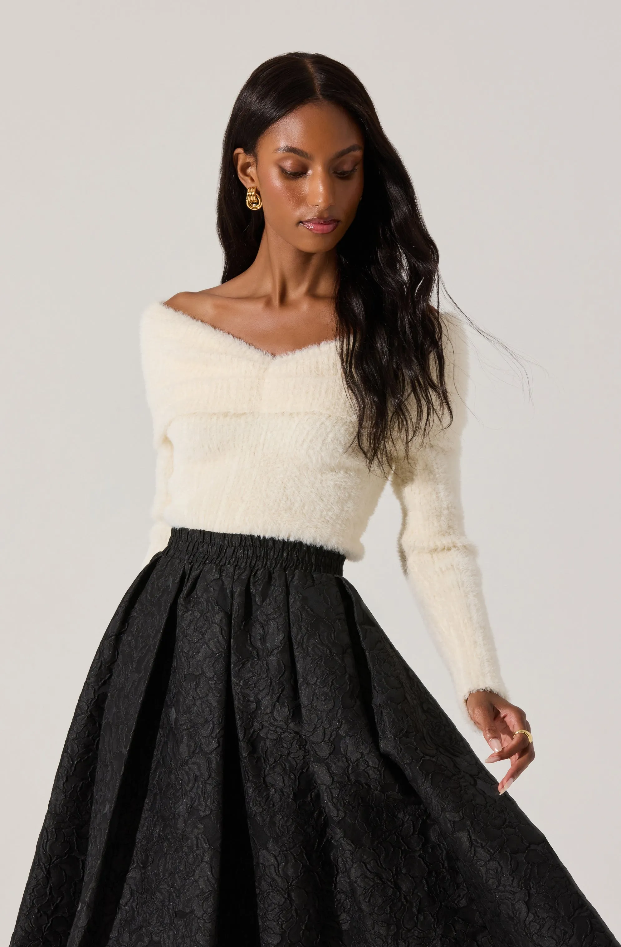 Fuzzy Knit Off Shoulder Sweater