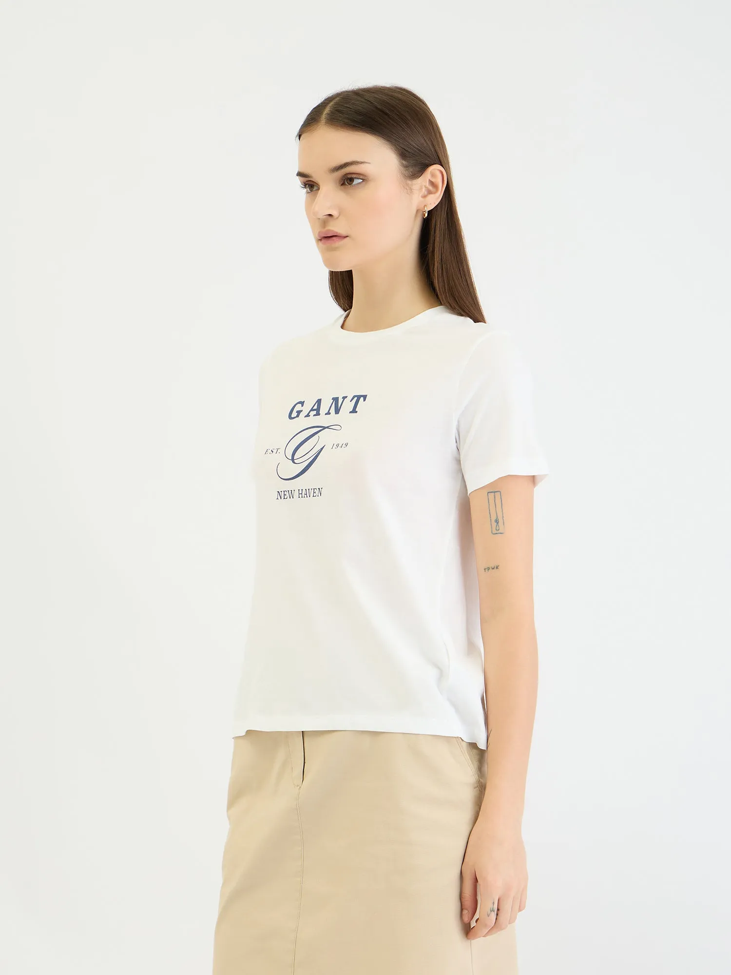 Gant Women White Graphic Crew Neck Tshirt
