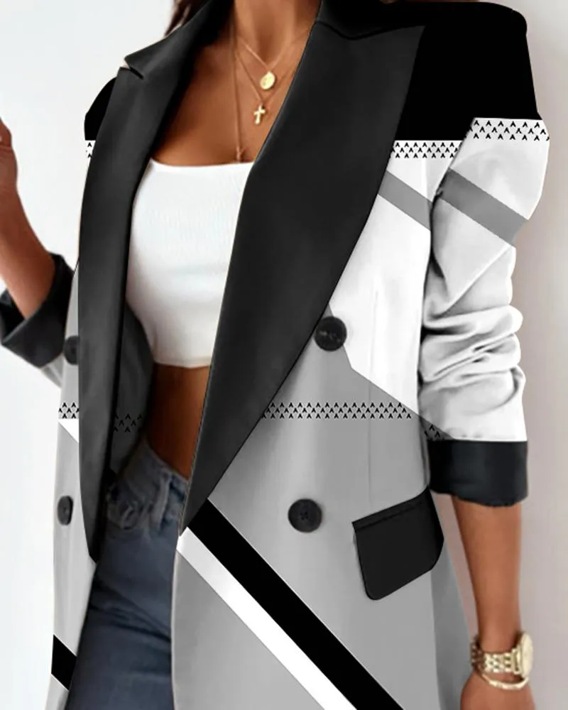 Geometric Print Double Breasted Blazer Coat