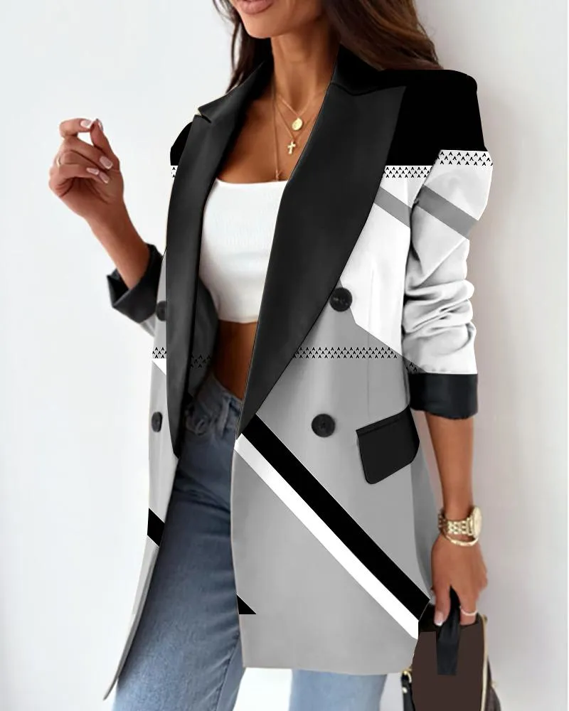 Geometric Print Double Breasted Blazer Coat
