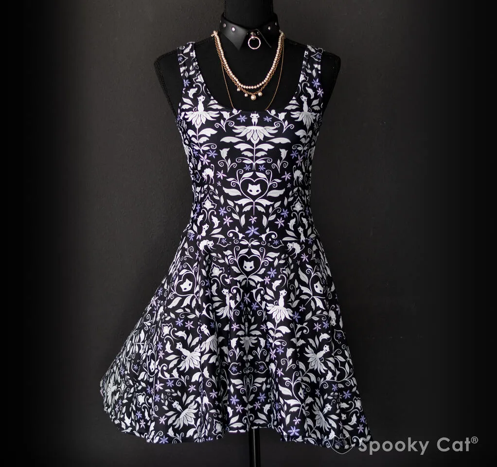 Ghost Cat Damask Skater Dress