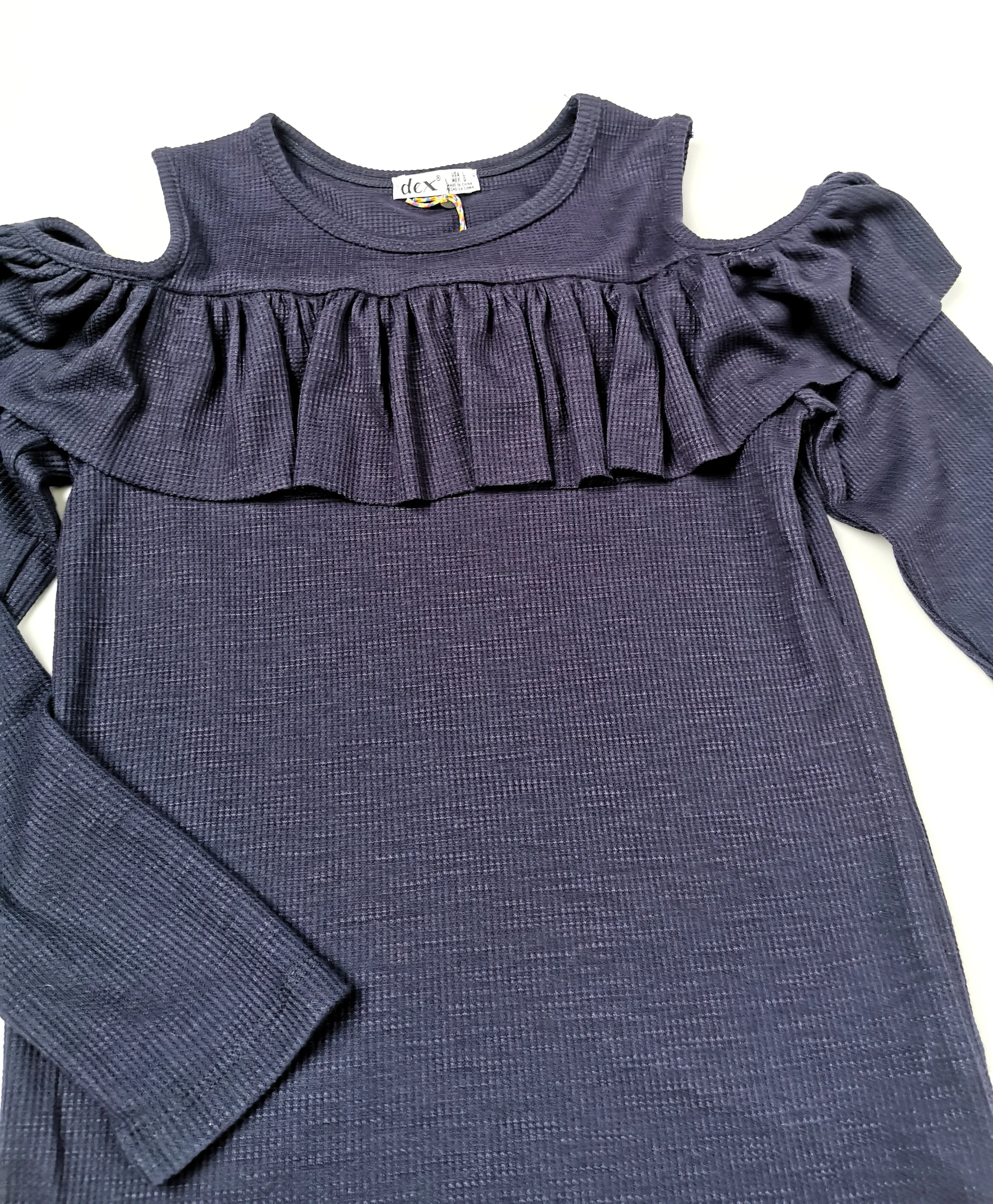 GIRL SIZE LARGE (12 YEARS) - DEX Kids, Navy Blue, Waffle Knit, Cold Shoulder Sweater NWT B32