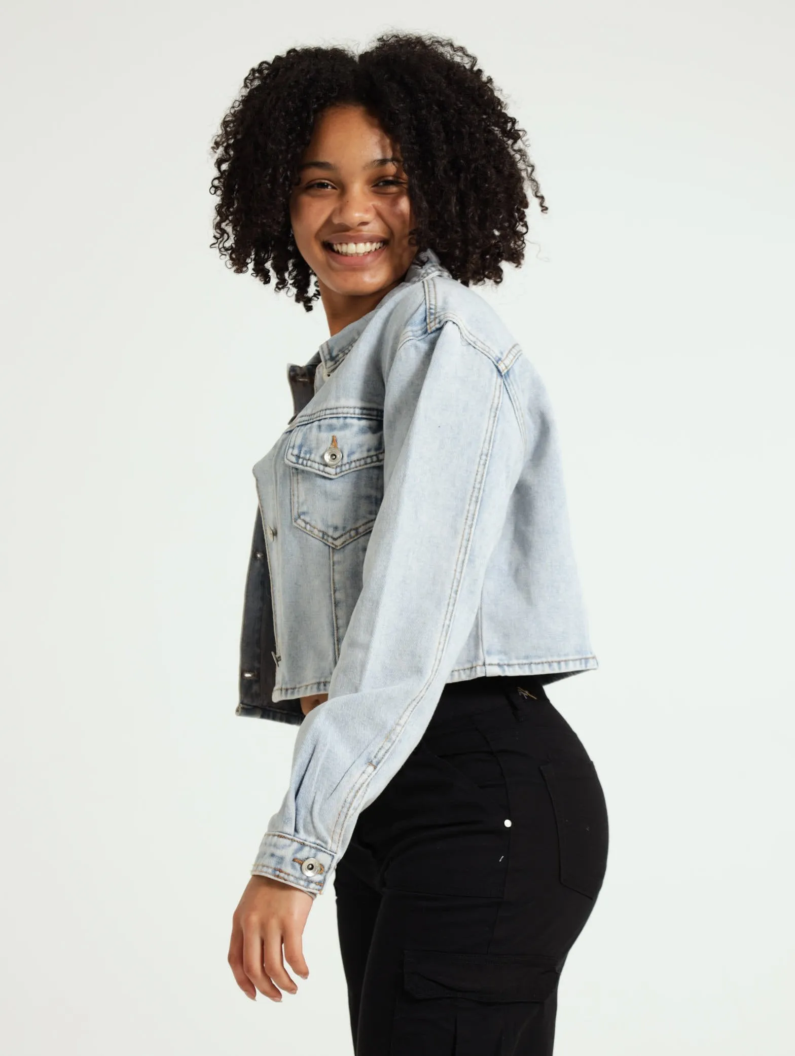 Girls Cropped Denim Jacket - Light blue