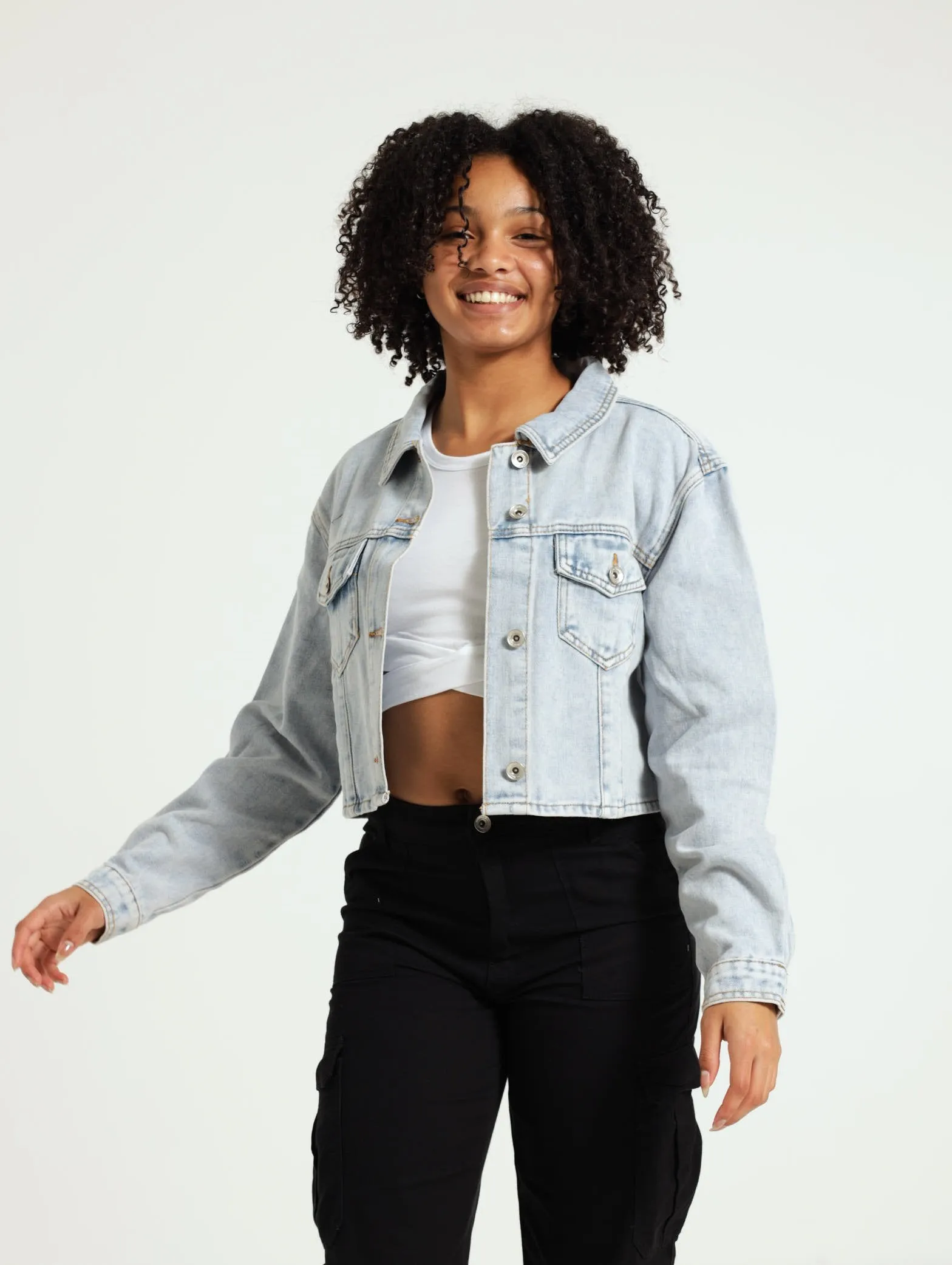 Girls Cropped Denim Jacket - Light blue
