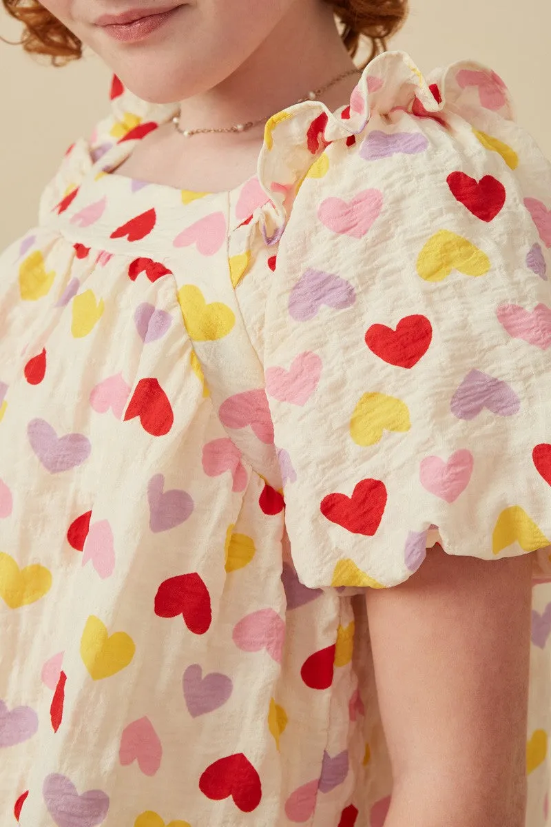 Girls Textured Ruffle Detail Heart Print Top