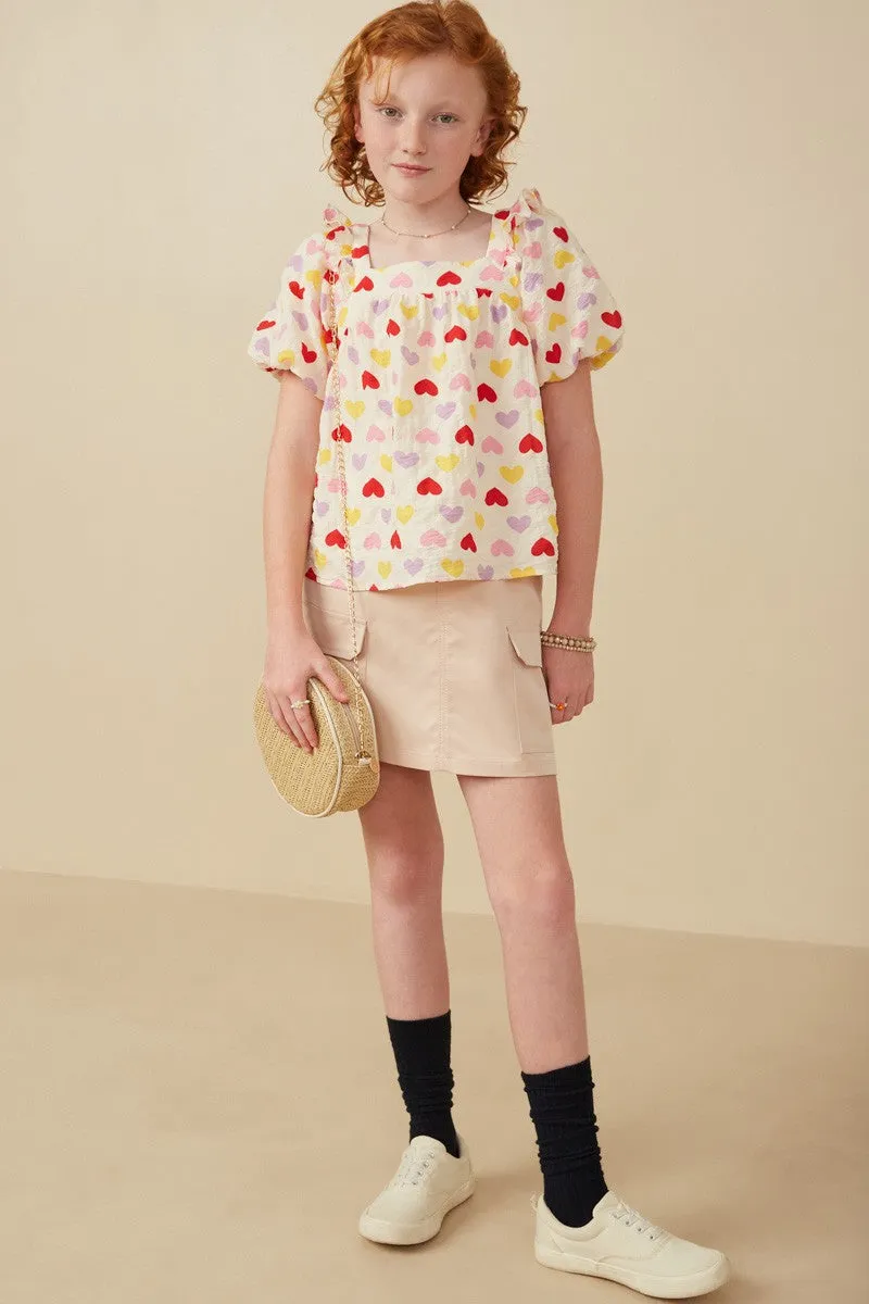Girls Textured Ruffle Detail Heart Print Top