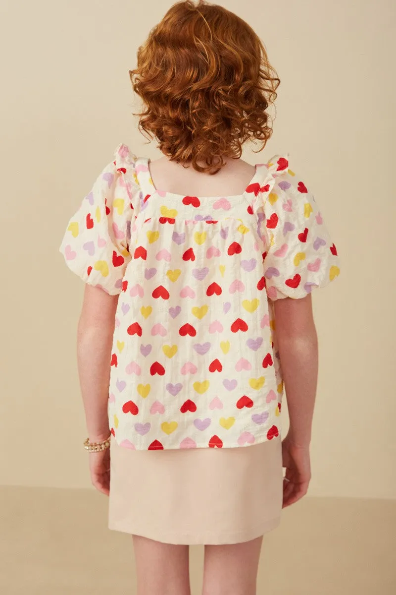Girls Textured Ruffle Detail Heart Print Top