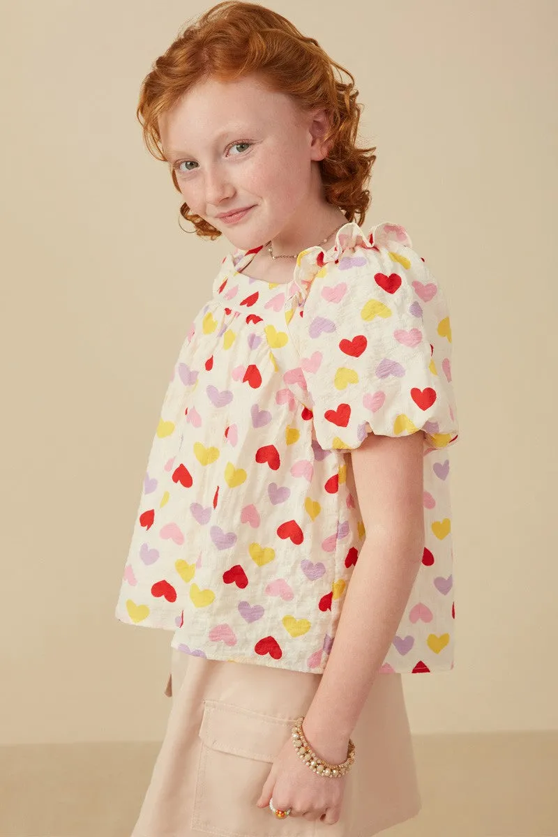 Girls Textured Ruffle Detail Heart Print Top