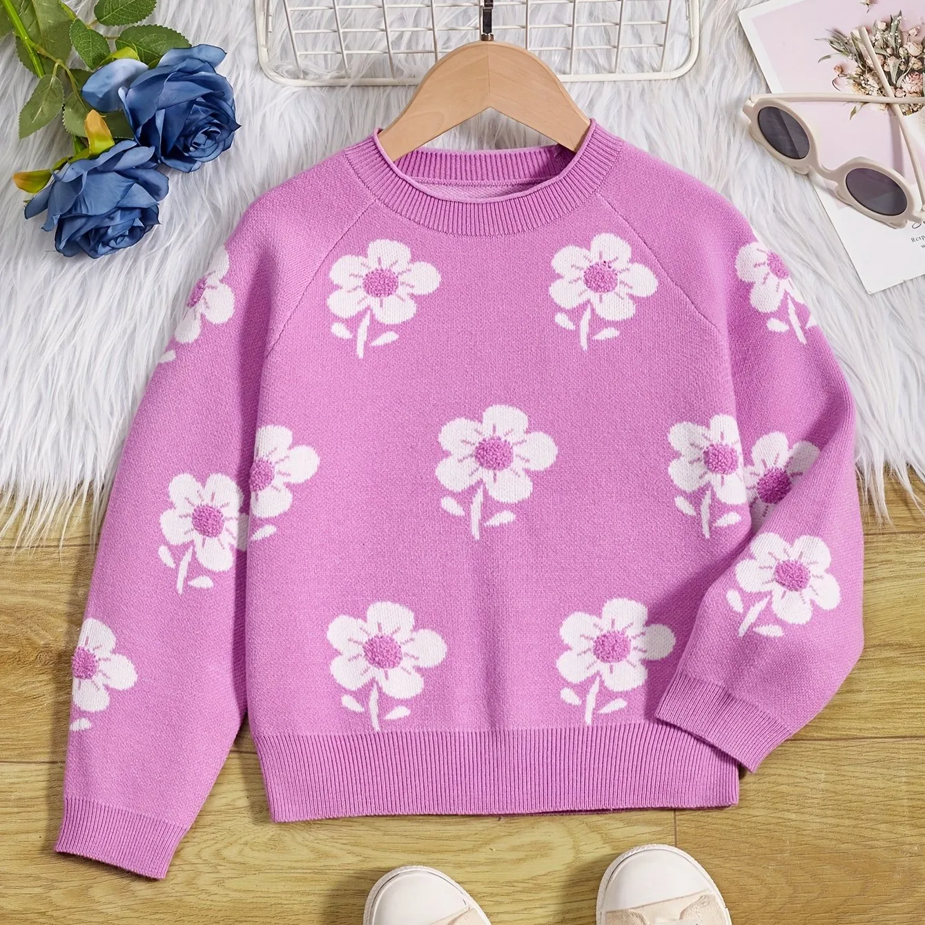 Girls Vibrant Flower Jacquard Knitted Crewneck Long Sleeve Pullover Sweater Jumper Tops - Soft, Cozy, and Warm Winter Wear - Perfect for Casual Daily Life and Outdoor Activities