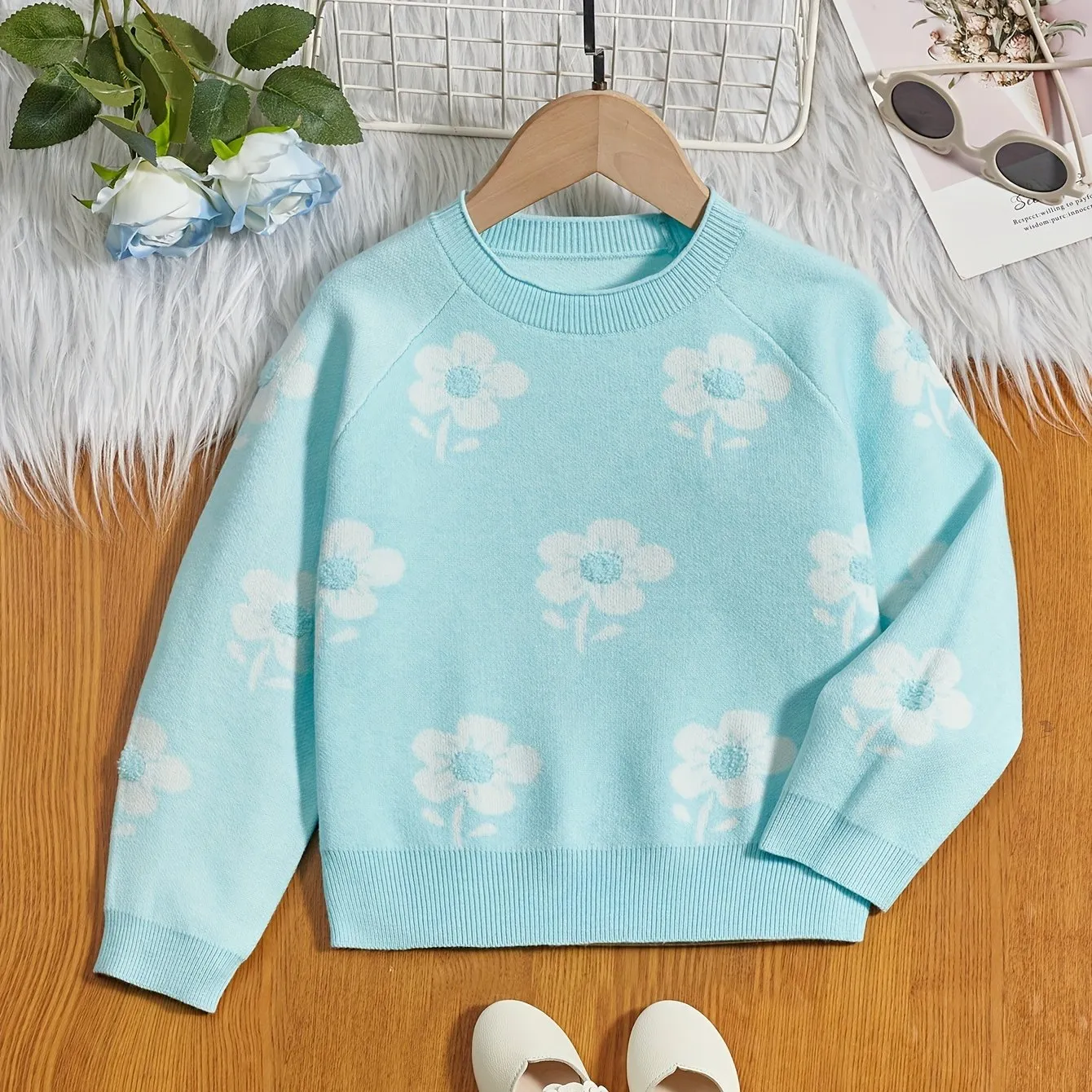Girls Vibrant Flower Jacquard Knitted Crewneck Long Sleeve Pullover Sweater Jumper Tops - Soft, Cozy, and Warm Winter Wear - Perfect for Casual Daily Life and Outdoor Activities