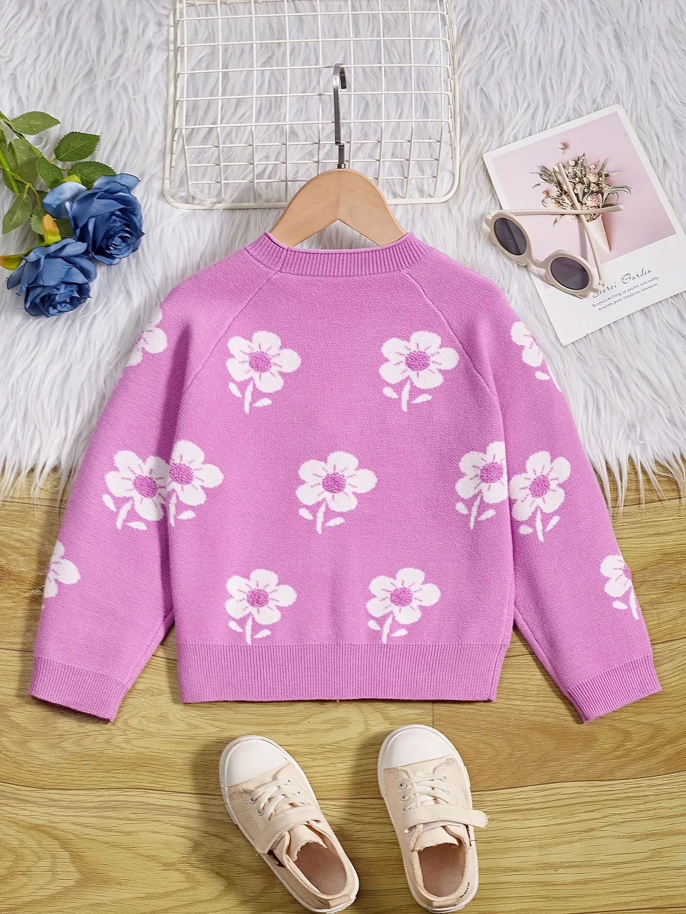 Girls Vibrant Flower Jacquard Knitted Crewneck Long Sleeve Pullover Sweater Jumper Tops - Soft, Cozy, and Warm Winter Wear - Perfect for Casual Daily Life and Outdoor Activities
