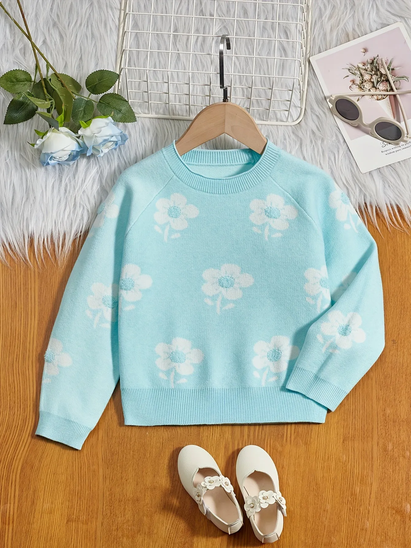 Girls Vibrant Flower Jacquard Knitted Crewneck Long Sleeve Pullover Sweater Jumper Tops - Soft, Cozy, and Warm Winter Wear - Perfect for Casual Daily Life and Outdoor Activities